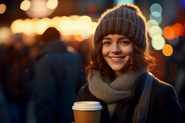 Молодая женщина, держащая чашку горячего напитка на рождественском рынке, сгенерированная ИИ