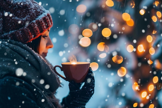 Foto giovane donna con una tazza di tè mentre si gode le vacanze invernali