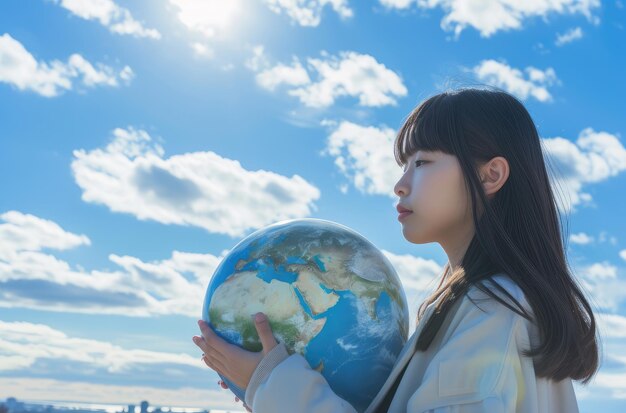 写真 外 で 地球 球 を 抱い て いる 若い 女性