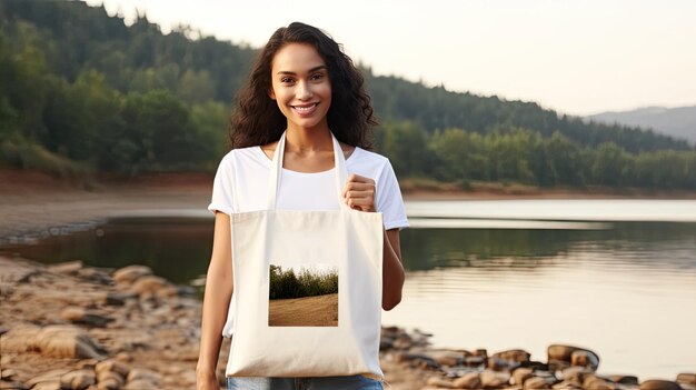 Foto una giovane donna che tiene una borsa della spesa eco-friendly con uno sfondo di fiume e sabbia una borsa bianca modello vuoto creando uno spazio perfetto per il testo o un logo l'uso di tessuto di cotone