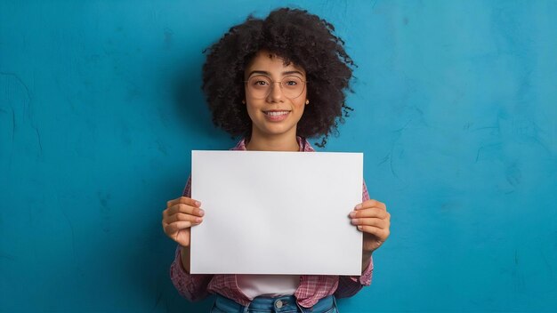 Young woman holding empty blank white speech poster high quality photo