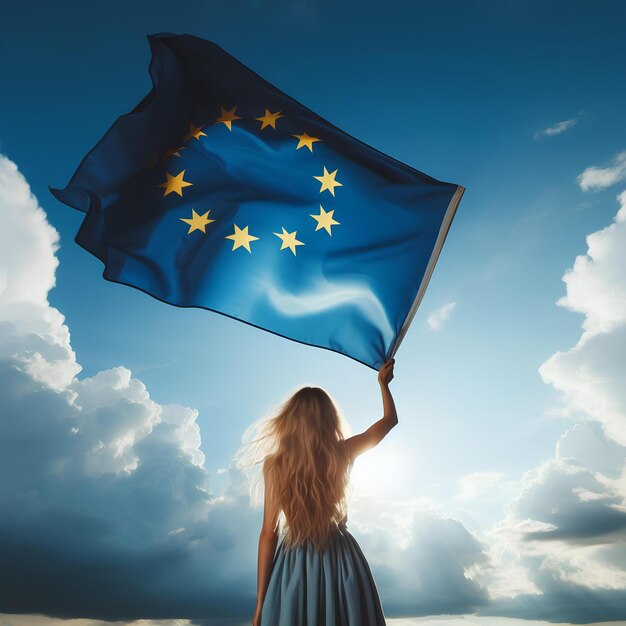 Young Woman Holding the European Union Flag Against a Cloudy Sky at Dusk Generative AI