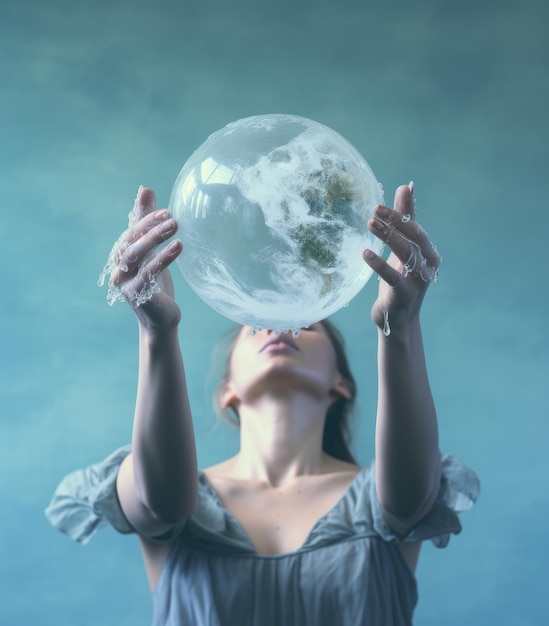 Молодая женщина держит в руках стеклянный шар с планетой земля