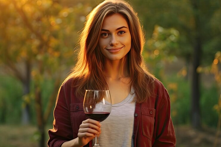 a young woman holding a glass of red wine in her hand and smiling at the camera with an autumn background
