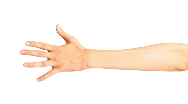 Photo young woman holding hand on white background closeup