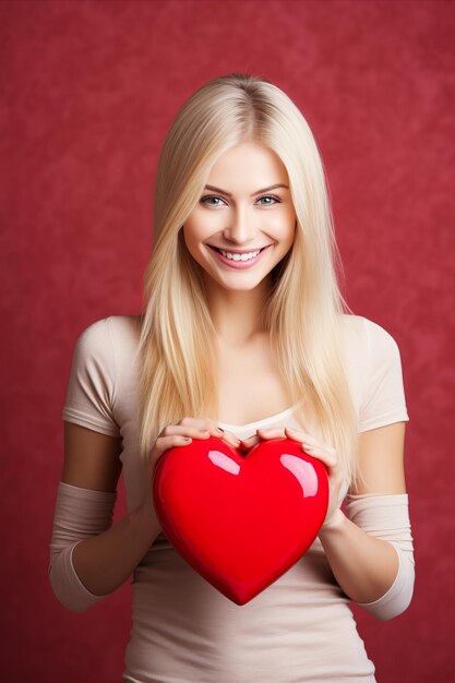 Young woman holding heartshaped sticker with blank space for personalized text or logo