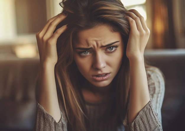 Photo young woman holding her head with hands under big stress and migranemacroai generative