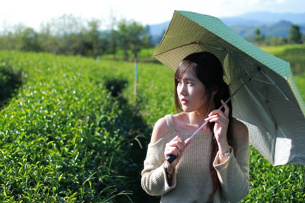 傘をさして、空と山の景色に囲まれた茶畑に立つ若い女性。タイ、チェンライのチュイホン茶畑。