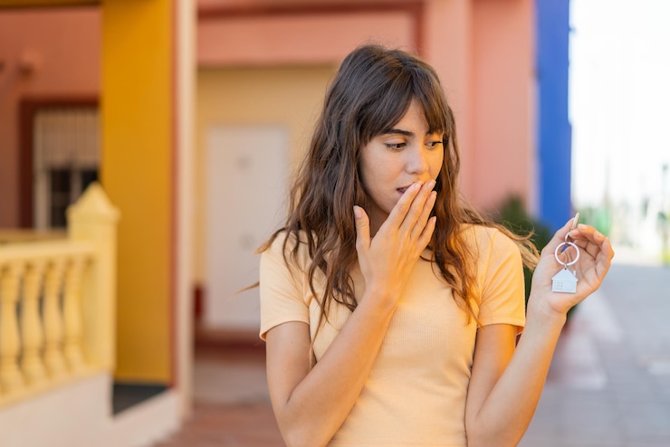 फोटो young woman holding home keys at outdoors with surprise and shocked facial expression