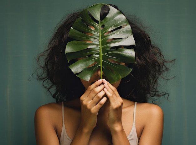 머리 뒤에 큰 나뭇잎을 들고 있는 젊은 여성