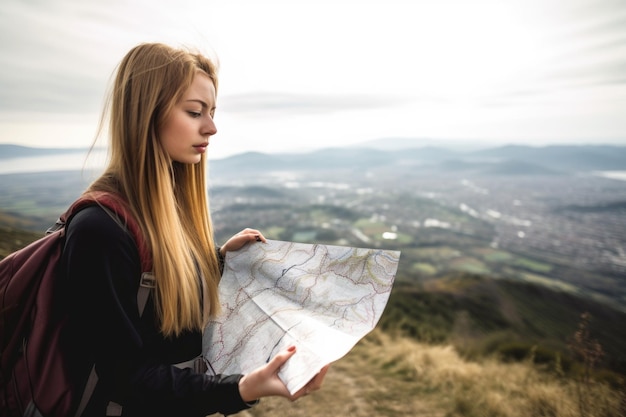 Photo a young woman holding a map while looking at the view in front of her created with generative ai