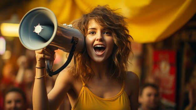 Young woman holding a megaphone at the concertgenerative ai