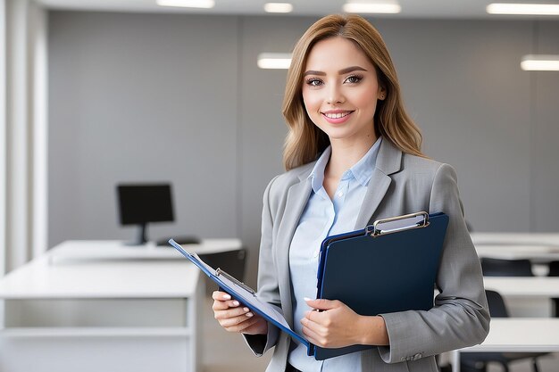 Young woman holding pen and clipboard