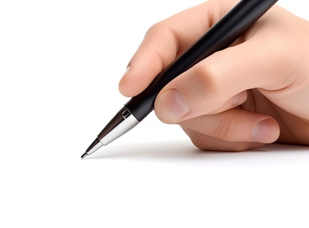 Young woman holding pen on white background closeup