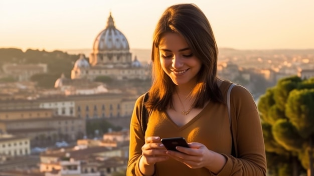 ローマの街並みの前で電話を持つ若い女性