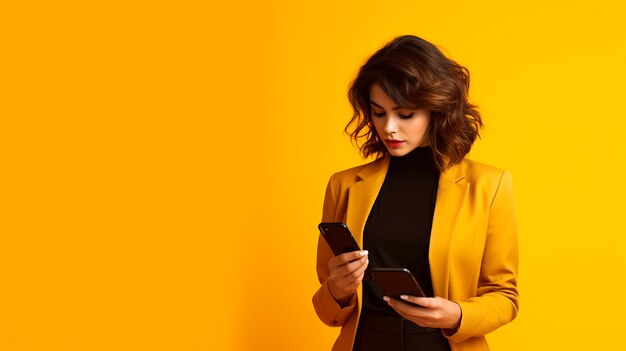 Young woman holding a phone in her hand on a yellow background