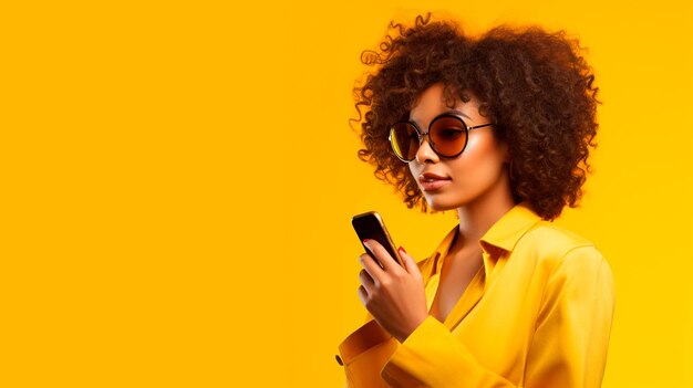 Young woman holding a phone in her hand on a yellow background