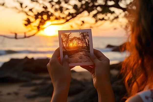 Foto giovane donna che tiene una foto di un paesaggio al tramonto con un vero paesaggio sfocato sullo sfondo