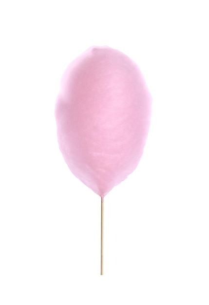 Young woman holding pink cotton candy on white background closeup