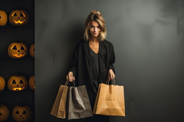 Photo a young woman holding shopping bags in the style of light brown and dark black edgy dark gray