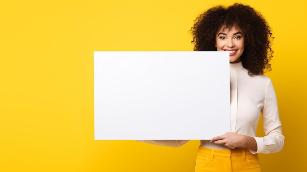 young woman holding sign business board isolated portrait of casual dressed woman