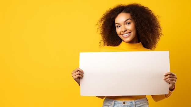 young woman holding sign business board isolated portrait of casual dressed woman