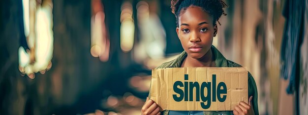 Young woman holding single sign copy space