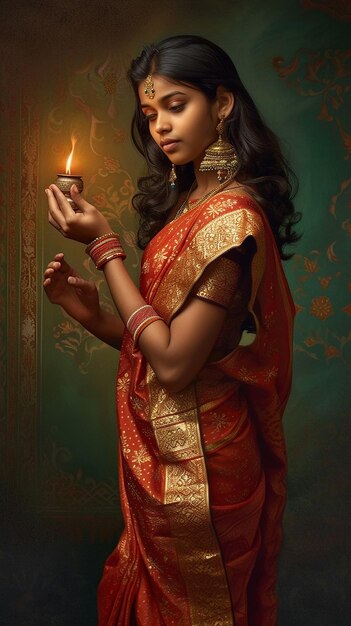 Photo young woman holding small oil lamp