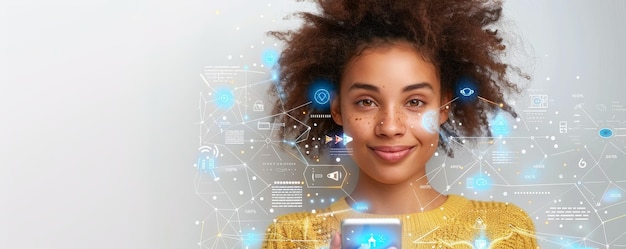 young woman holding smartphone with holographic digital interface symbols