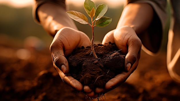 young woman holding soil with a sprout in her hands ecology concept Generative AI illustrator