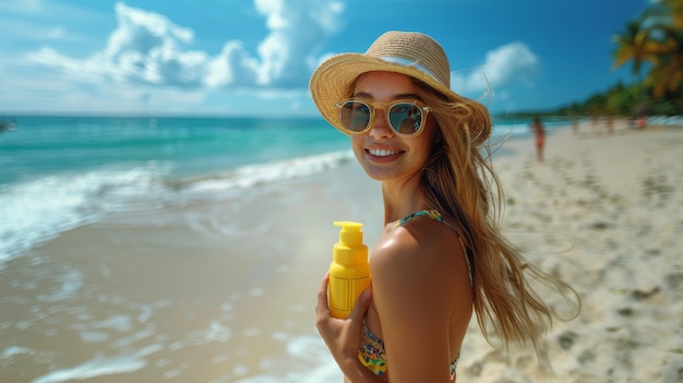 은 열대 해변 에서 자외선 차단제 를 들고 있는 젊은 여자