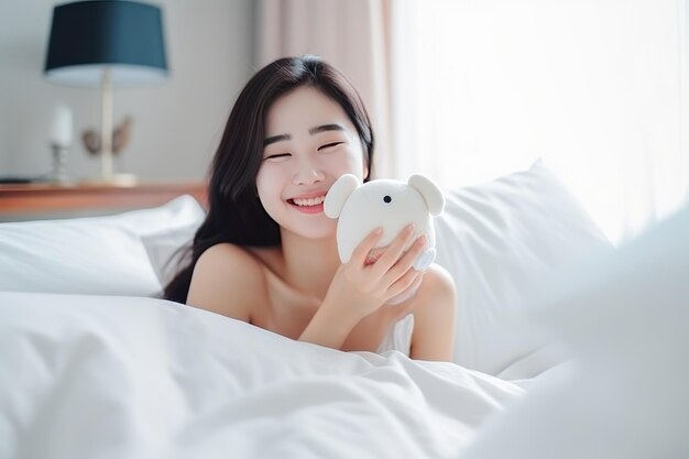 A young woman holding toy in hand in her bed generative ai