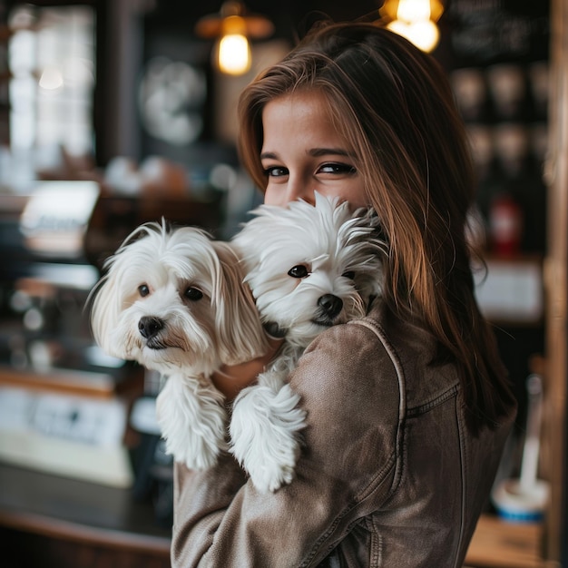 Photo young woman holding two white little dogs in her hands cute white dogs in arms of loving owner