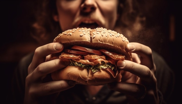 Young woman holding unhealthy cheeseburger meal indoors generated by AI