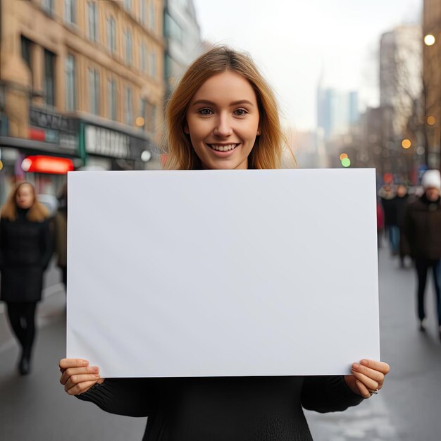 Фото Молодая женщина держит пустую доску в оживленном городе