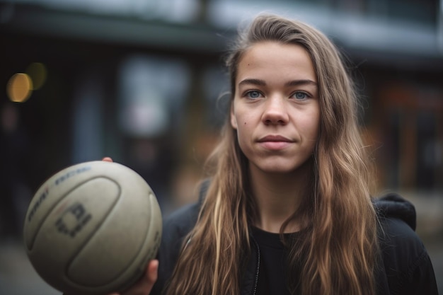 A young woman holding a volleyball created with generative ai