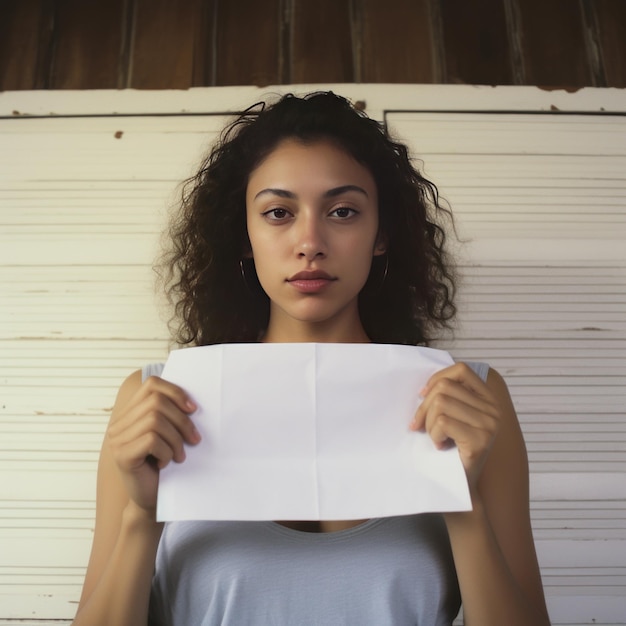 a young woman holding white blank paper generative AI