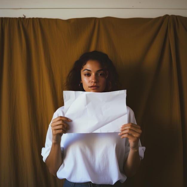 a young woman holding white blank paper in her hands generative AI