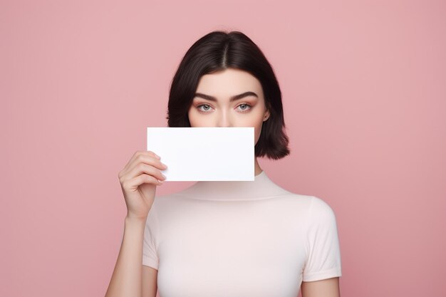 Foto una giovane donna tiene un foglio bianco di carta e uno sfondo luminoso