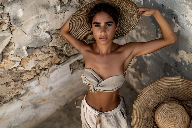 Photo young woman holds brim of floppy sun hat with one hand puts other on hip posin