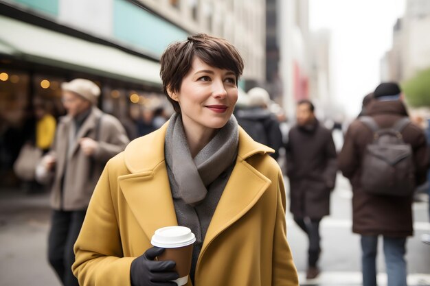 A young woman holds a craft disposable glass of coffee in her hand neural network ai generated