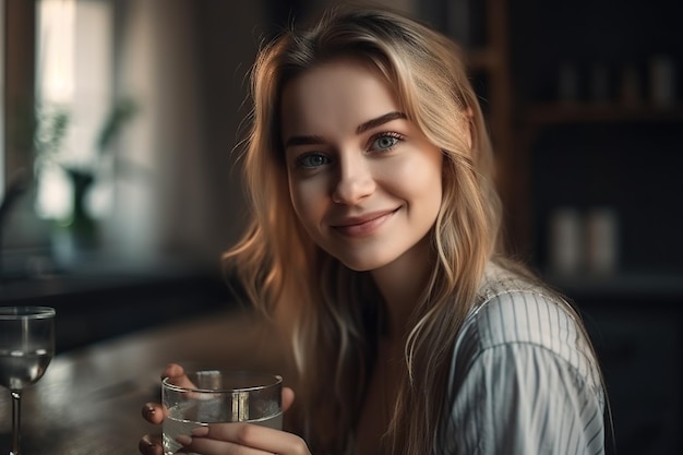 A young woman holds a glass of water in her kitchen Ai generated