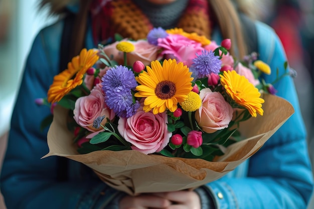 A young woman holds a large bouquet of colorful flowers