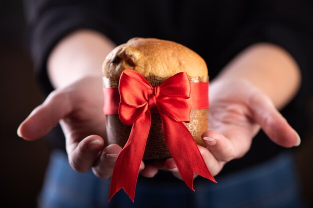 Young woman holds a panettone a typical Christmas cake