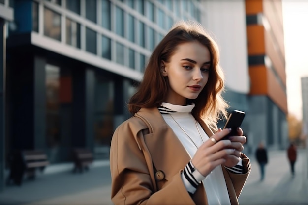 Young woman holds smartphone adult girl uses mobile phone in city generative AI