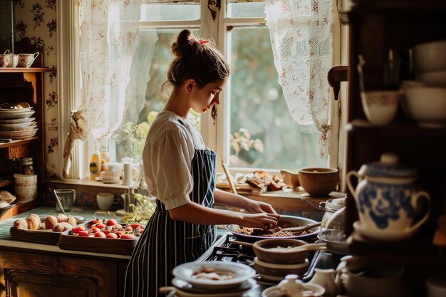 A young woman at home in the kitchen bakes confectionery