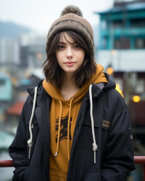 a young woman in a hoodie and jacket standing on a bridge