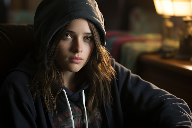 a young woman in a hoodie sitting in a chair