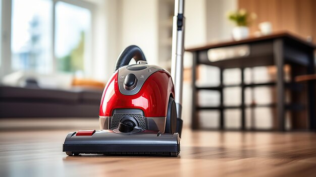 Young woman hoovering carpet at home Generative AI