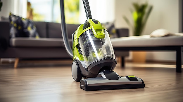 Young woman hoovering carpet at home Generative AI